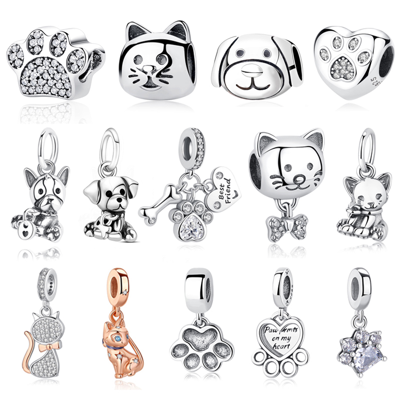 Image of Original 925 Sterling Silver Charms Love Pets Dog Cat Paw Print Pendant Beads Fit Brand Bracelets Necklaces Women DIY Jewelry