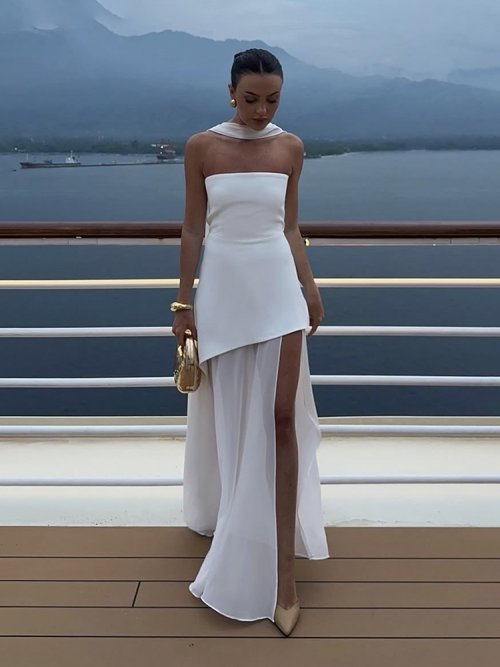 Afbeelding van Elegante Dames Strapless Lint Lange Jurk met Vintage Mesh Patchwork Korset - Maxi Jurk voor Zomeravond en Bruiloft Gast in Wit en Geel
