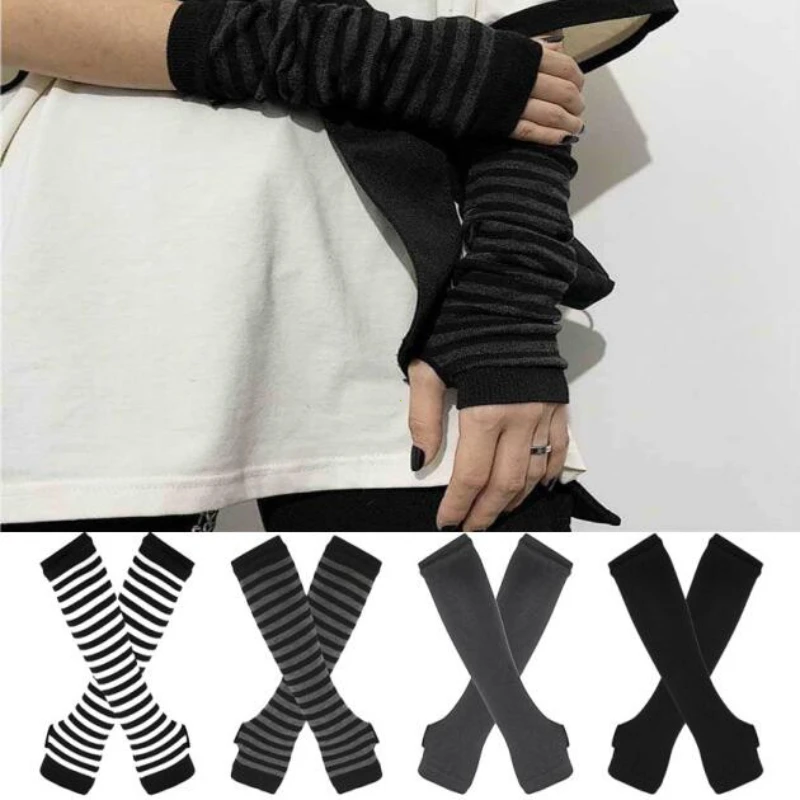 Afbeelding van Zwarte Punk Lange Vingerloze Handschoenen met Manchet voor Mannen en Vrouwen – Outdoor Hiphop Elleboogwanten met Stretch Winter Arm Warmer Mitten