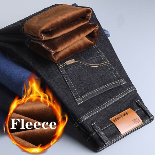 Afbeelding van Warm Heren Jeans met Fleece Lining – Comfortabele Denim Broek voor Herfst en Winter in Zwart, Blauw en Grijs