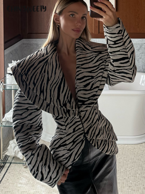 Imagen de Moda estampado de cebra chaqueta de mujer faldas traje con cuello en V cintura cerrada conjuntos de señora 2025 Otoño Invierno elegante conjunto de 2 piezas Womem