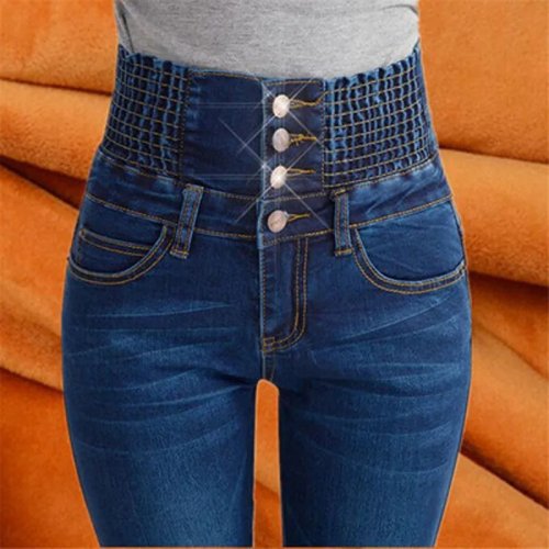Imagen de Pantalones Vaqueros Elásticos de Cintura Alta para Mujer, Modelo Pitillo Ajustado con Terciopelo Caliente, Gran Tamaño, Estilo Moderno Otoño-Invierno 2025