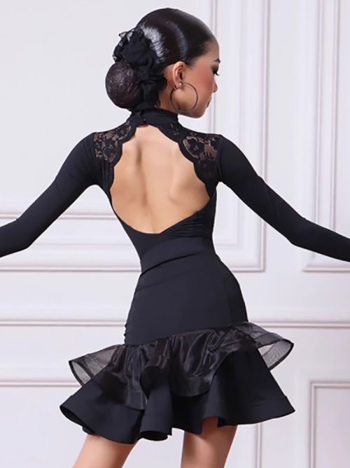 Immagine di Abito da Ballo Latino per Bambine e Ragazze – Maniche Lunghe, Maglia Backless, Abito da Competizione con Grading, Costume da Danza Professionale