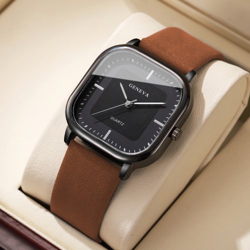 Immagine di Orologio da Uomo Quadrato Moderno con Cinturino in Pelle - Design Minimalista e Casual, Movimento al Quarzo