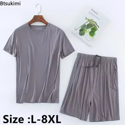Image of Comfortable Men's Summer Pajama Set in Soft Modal Fabric – Oversized 2-Piece Sleepwear with T-Shirt and Shorts for Relaxation at Home