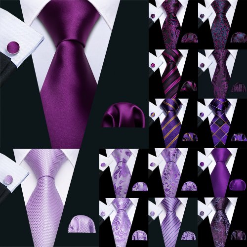 Bild von Elegantes Herren-Krawatten-Set mit Lavendel-Seide: Jacquard-Blumenmuster für Hochzeit, Business und Party – Krawatte, Taschentuch & Manschettenknöpfe