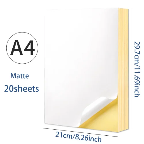 Imagen de 20 hojas A4 blanco/Kraft pegatina imprimible etiqueta autoadhesiva hoja de papel brillante mate para...