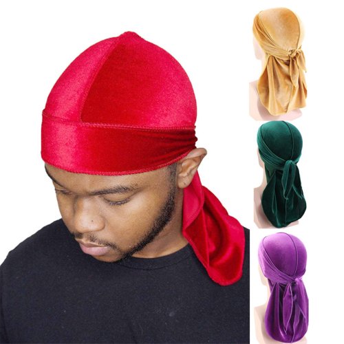 Afbeelding van Nieuwe Unisex Fluweel Durags Bandana Tulband Hoed Mannen Vrouwen Ademende Warme Lange Staart Doo Vod Durags Piratenhoed Hiphop Hoofdband