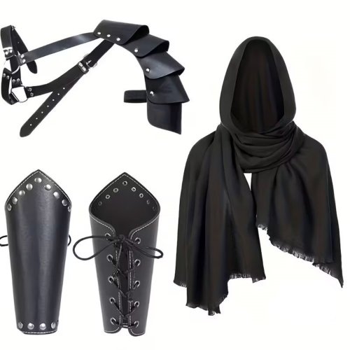 Zdjęcie 1/4 SZT. Męski Vintage Średniowieczny Płaszcz Rycerski z Kapturem Szal Renesansowy Pas Ochraniacz na Nadgarstek Halloween Cosplay Kostium Akcesoria Rekwizyt
