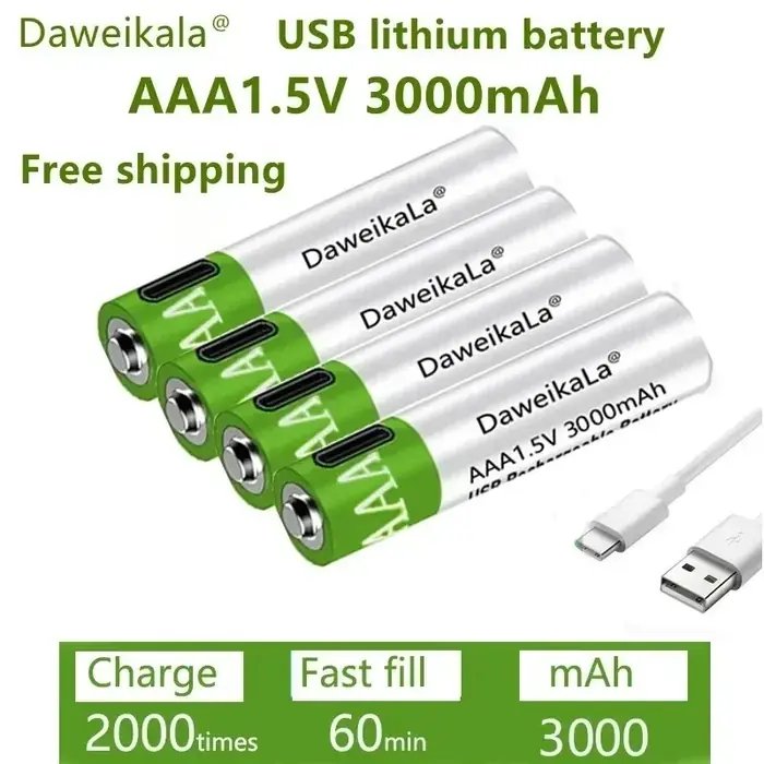 Image de Batteries Rechargeables AAA USB 3000mAh - Prêtes à l'Usage