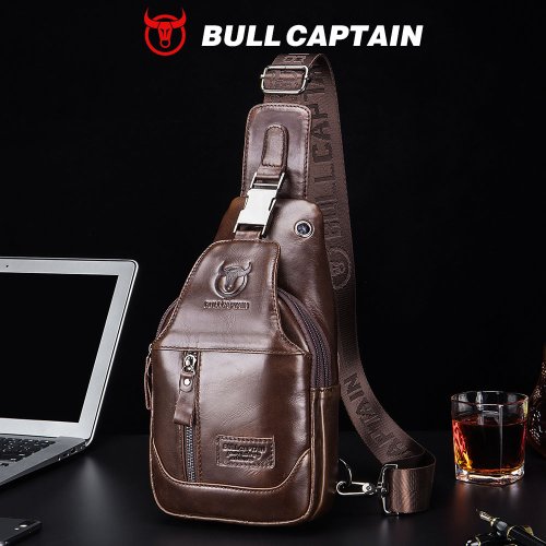 Bild von Echter Leder Sling Rucksack für Herren – Umhängetasche mit Brusttasche, Kopfhörerloch und großem Fassungsvermögen für Reisen, Wandern und Alltag