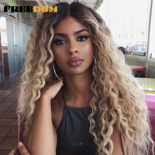 Afbeelding van VRIJHEID Synthetische Lace Front Pruiken Voor Vrouwen Gemakkelijk Dragen Lang Krullend Golvend Ombre Blonde Gember Kant Pruiken Hittebestendige Cosplay Pruiken