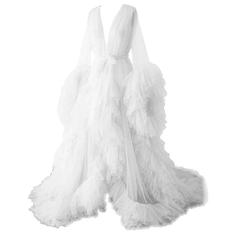 Immagine di Abito Premaman in Tulle Lungo con Gonna Trasparente e Effetto Gonfio – Vestaglia Elegante per Baby Shower e Occasioni Speciali per Donne Incinte