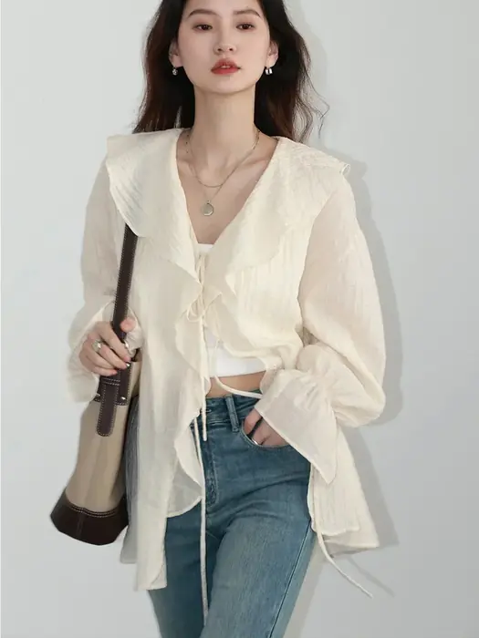 Image de Chemise Femme Volants Col V Lacets - Style Chic & Décontracté