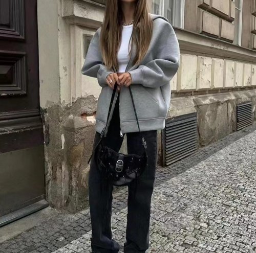 Bild von 2024 frühling und Herbst Neue Casual Straße Lose Oversize Mit Kapuze Zipper Hoodie Raum Baumwolle Jacke Mantel Faul frauen Strickjacke