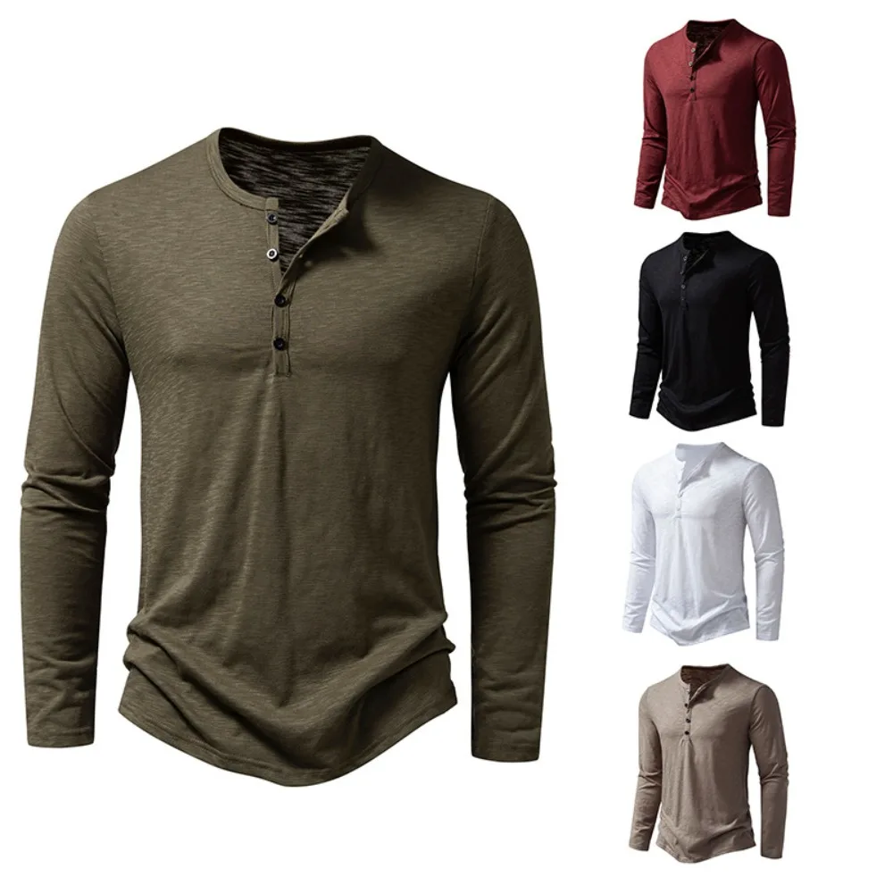 Bild von Herbst Neue männer Baumwolle Taste Langarm Henley Neck T-Shirt Casual Einfarbig Atmungsaktive Vielseitige Mode Dünne T-Shirts