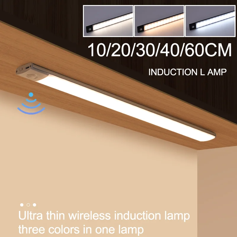 Image of Wireless USB Rechargeable LED Night Light with Motion Sensor – 10/20/30/40/60cm Flexible Strip for Kitchen Cabinet, Bedroom, Wardrobe & Indoor Lighting