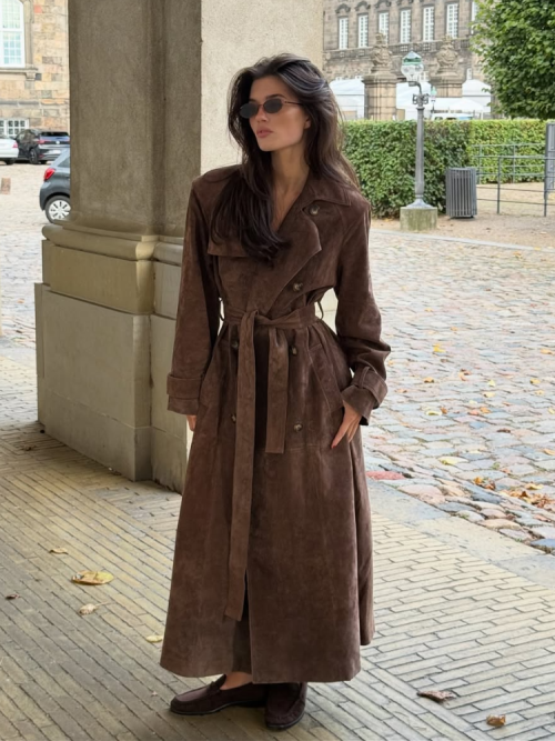 Immagine di Cappotto monopetto in pelle scamosciata marrone Cappotto lungo da donna elegante con risvolto a maniche lunghe 2025 Autunno New Lady Capispalla per pendolari giornalieri