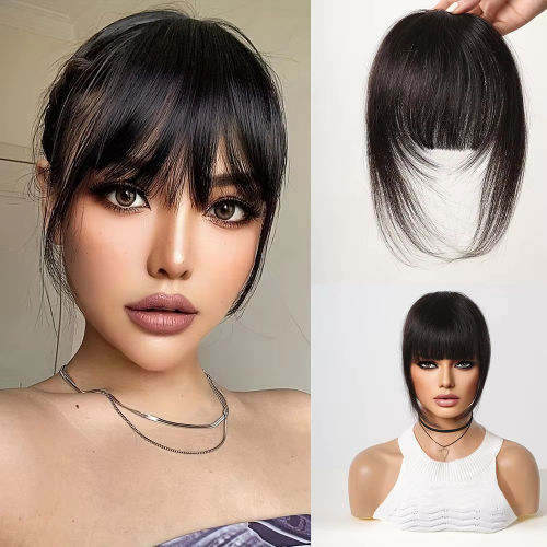 Bild von 100% Remy Echthaar Fransen Pony Clips – Natürliche 3D Luftfransen Haarteile aus Schwarzem Echthaar für Frauen mit dünner werdendem Haar