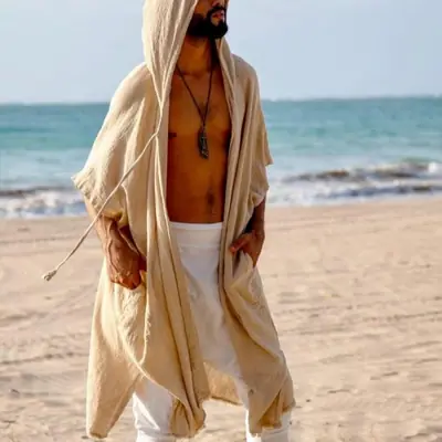 Image de Cardigan Homme Été - Cape Longue Décontractée avec Capuche
