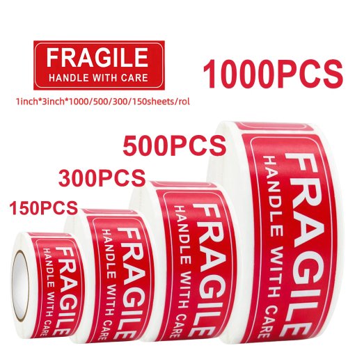 Immagine di 1000/500/150 fogli/rotolo Etichette adesive fragili Maneggiare con segnali di avvertimento per la cura Adesivo per etichette di spedizione attente