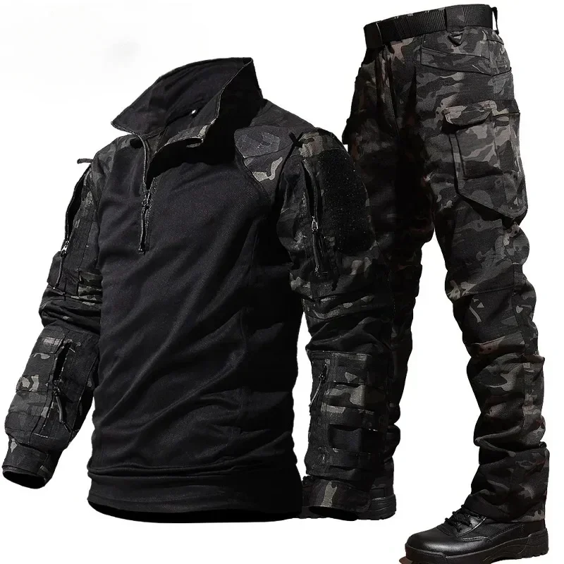Image of Men's Outdoor Tactical Clothing Set: Windproof Camouflage Shirt & Cargo Pants 2-Piece Suit for Hunting and Adventure