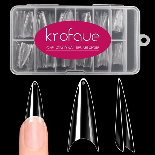 Image of 240-Piece Natural Clear Half-Cover Stiletto Nail Tips in 12 Sizes – Premium Acrylic False Nails for Salon-Style Manicure at Home, DIY Nail Art Kit with Storage Box