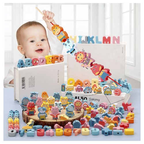 Immagine di Gioco Montessori in Legno per Bambini: Set di Perline con Animali dei Cartoni Animati, Lettere, Frutta e Allacciatura – Giocattolo Educativo Fai da Te per lo Sviluppo Motorio