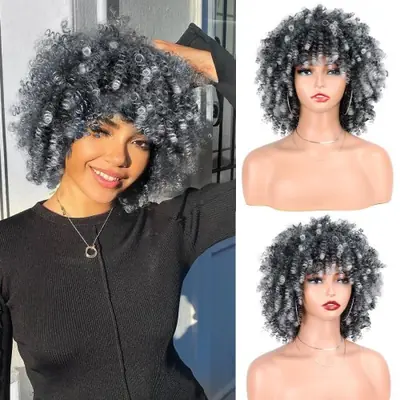 Image de Perruque Afro Courte Synthétique avec Frange - 12 Pouces