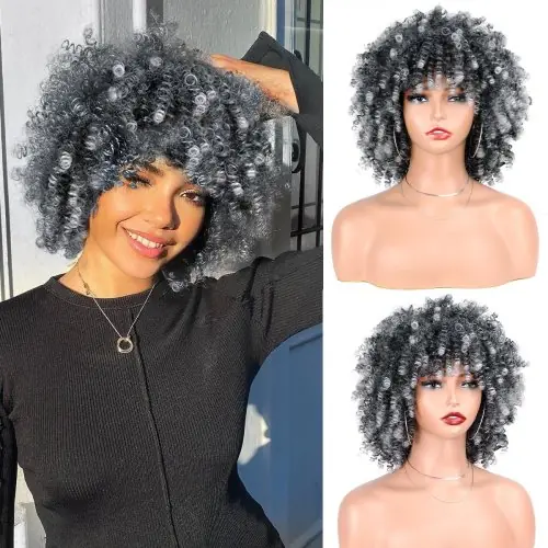 Image de Perruque Afro Courte Synthétique avec Frange - 12 Pouces