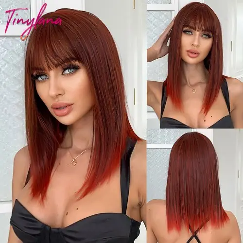 Image de Perruque Synthétique Longue Brune Ombrée avec Frange