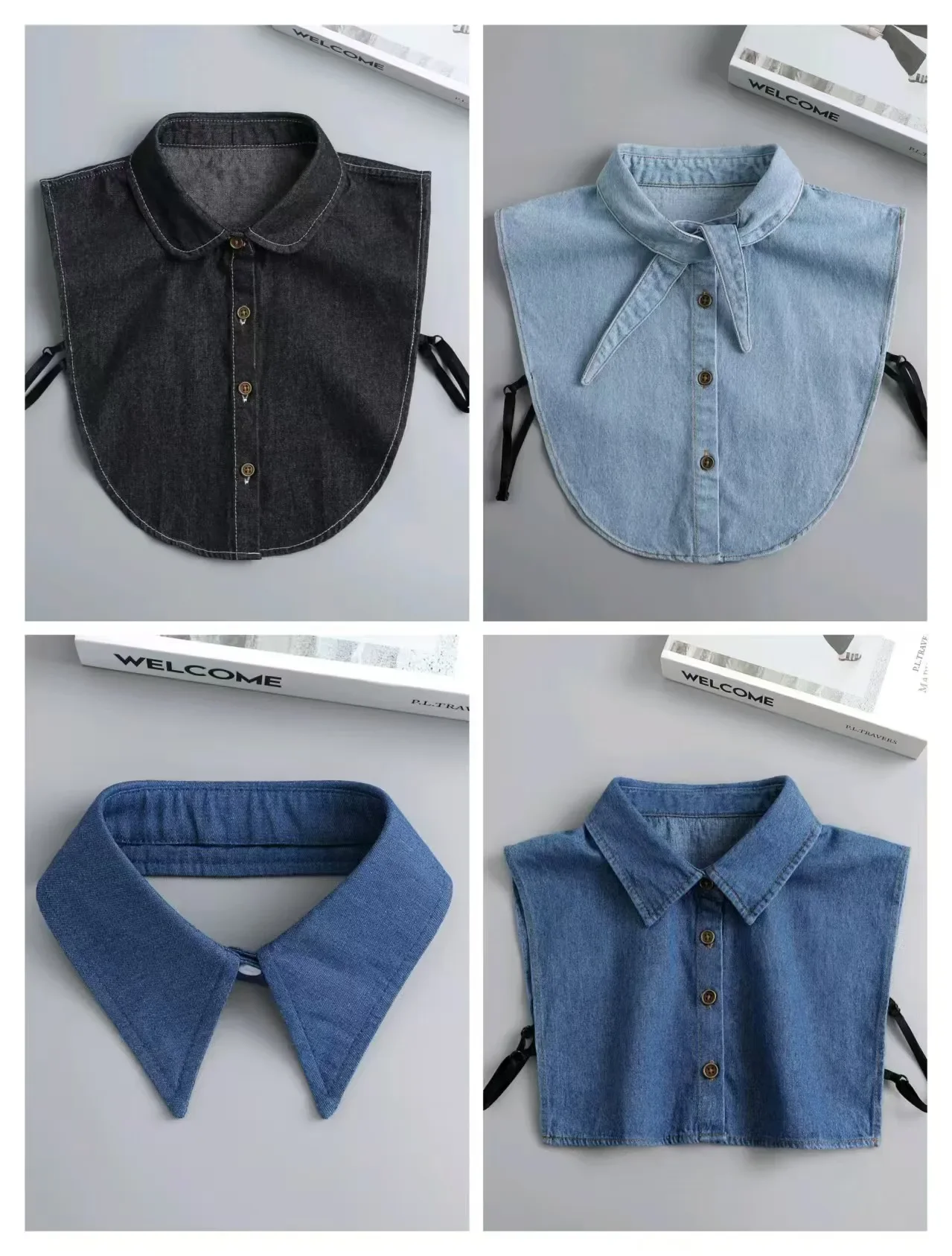 Imagen de Camisa de mezclilla con cuello falso para mujer y niña, blusa de solapa falsa desmontable, accesorios de ropa Vintage, color sólido