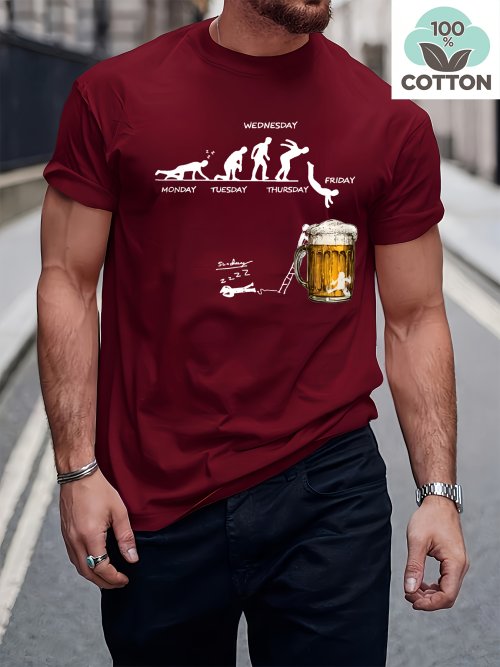Imagen de Camiseta deportiva de manga corta con cuello redondo y estampado de cerveza divertida y holgada informal a la moda de algodón 100 de verano para hombre