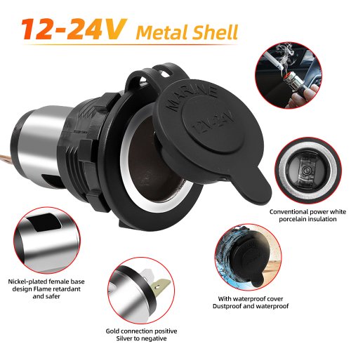 Image of Universal 12V/24V Waterproof Cigarette Lighter Socket Power Outlet for Cars, Motorcycles, Boats, Lawn Mowers and RVs
