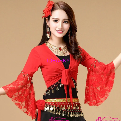 Immagine di Top in Rilievo con Paillettes e Maniche Lunghe Svasate in Pizzo, Costume da Ballo con Frange – Abbigliamento da Danza del Ventre per Donne, Costumi di Danza Tailandese, Indiana e Araba
