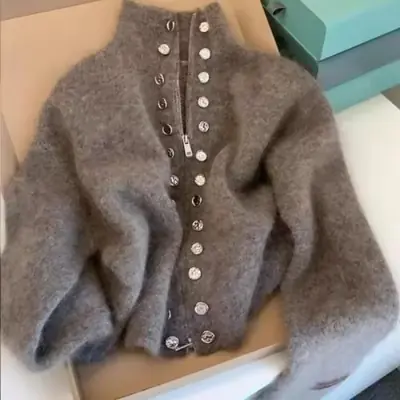 Image de Cardigan Tricoté Moelleux Col Montant Y2K