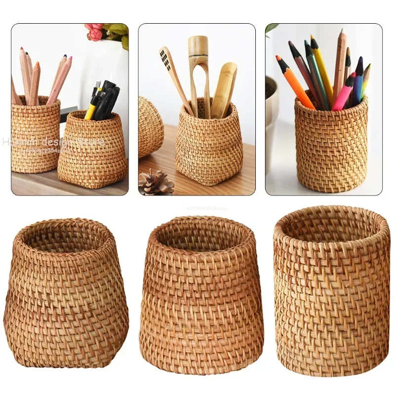 Image of Handcrafted Natural Rattan Storage Box – Elegant Cosmetic & Pen Organizer for Tea Ceremony, Desk, and Home Decor