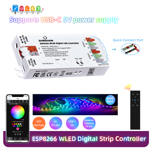 Image de Contrôleur LED WiFi ESP8266 USB-C - WLED pour Bandes RGB