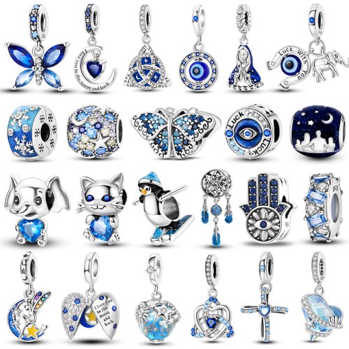 Immagine di Ciondolo in argento 925 con perline serie blu, adatto per braccialetti, ciondoli fai da te, pendenti di moda originali per gioielli Maing