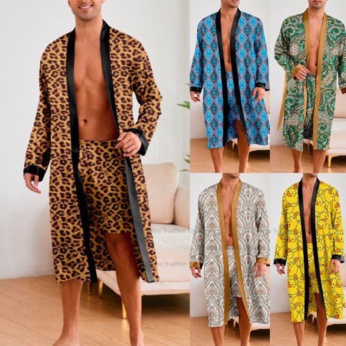 Imagen de Conjunto de Albornoz de Leopardo para Hombre con Kimono de Satén y Bata Larga – Ropa de Dormir Sexy y Elegante para el Hogar