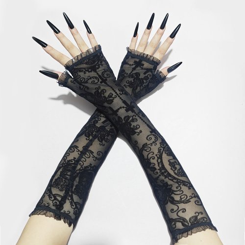 Imagen de Halloween mujeres negro Sexy esqueleto Cruz flores encaje guantes largos elasticidad malla transparente Lolita Punk Cosplay guantes cortos