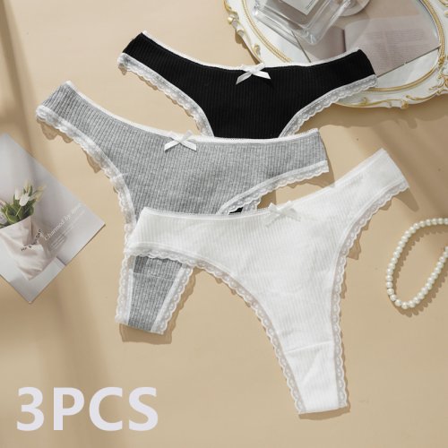 Image of 3-Pack Sexy Low Waist Lace Trim Cotton Underwear for Women – Breathable, Comfortable Solid Color Briefs in M & XL