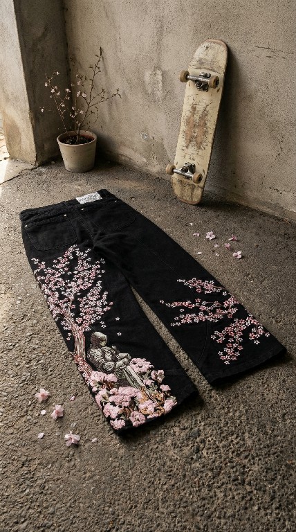 Imagen de Jeans Y2K con Estampado de Cerezo: Moda Urbana para Hombres y Mujeres
