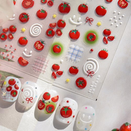 Bild von Natürliche Sommer-Nagelkunst: Kawaii Tomaten-Aufkleber mit Glitzer, Schleife und Stern – Selbstklebende 5D Obst-Nail Art für DIY-Maniküre
