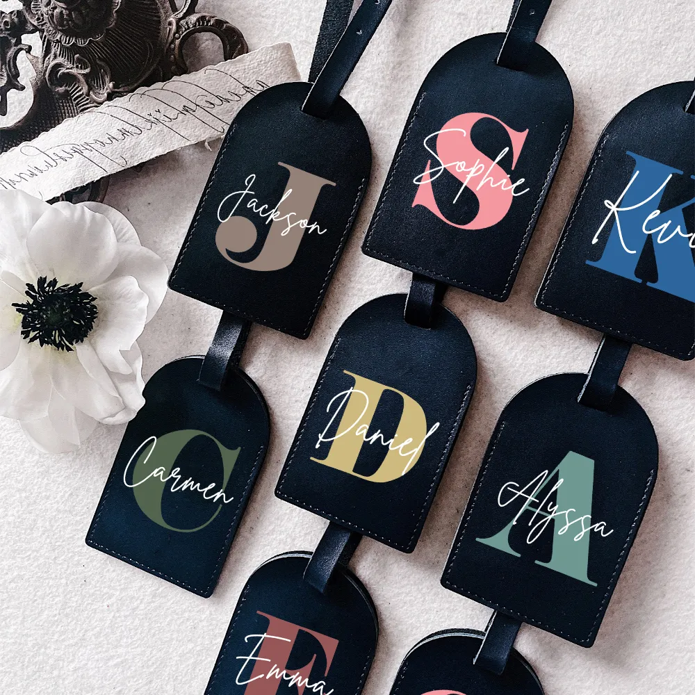 Immagine di Iniziale personalizzata con nome Monogramma Etichetta per bagagli in pelle PU per valigia Bagaglio Etichette per borse Etichetta per borsa da viaggio Etichetta Miglior regalo