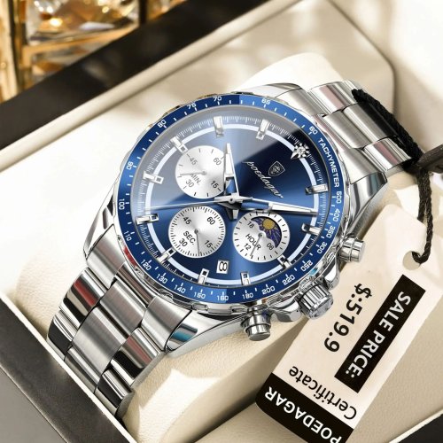 Imagen de Reloj Deportivo de Lujo para Hombre con Caja de Acero Inoxidable, Resistente al Agua, Cronógrafo Luminoso con Fecha y Movimiento de Cuarzo