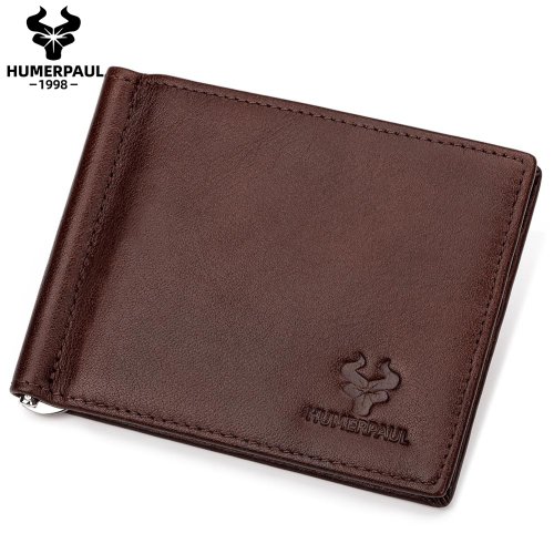 Imagen de Cartera delgada de cuero genuino para hombre con clip para dinero, tarjetero plegable con bloqueo RFID, monedero delgado para tarjetas de crédito