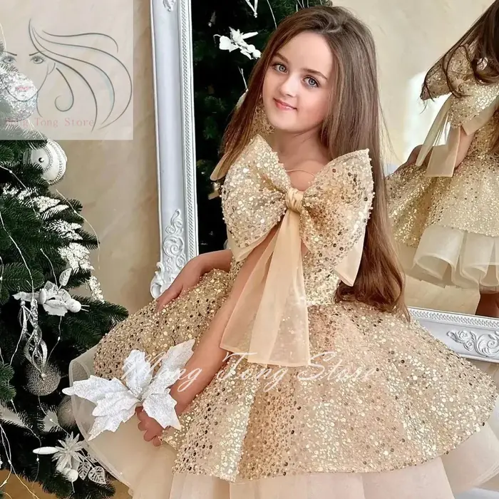Image de Robe de Demoiselle d'Honneur Champagne Paillettes