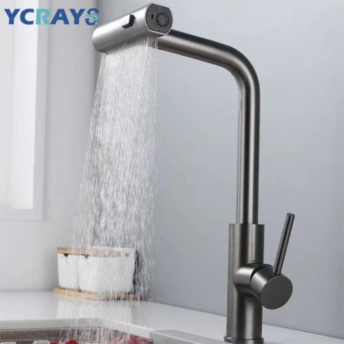 Imagen de YCRAYS-grifos de cocina negros, cabezal rociador de corriente de cascada con rotación extraíble, mezclador de fregadero, accesorios para grifo de agua de níquel cepillado, color gris