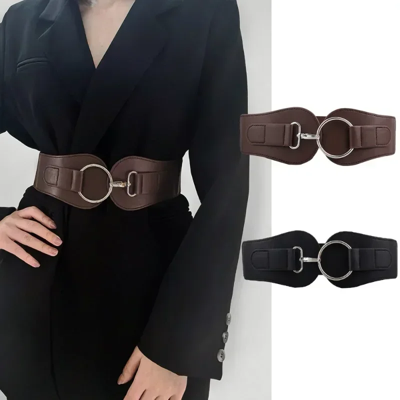 Imagen de Cinturón Ancho de Cuero Elástico para Mujer con Hebilla Vintage y Diseño Moda Salvaje - Cinturón de Lujo con Sello de Cintura